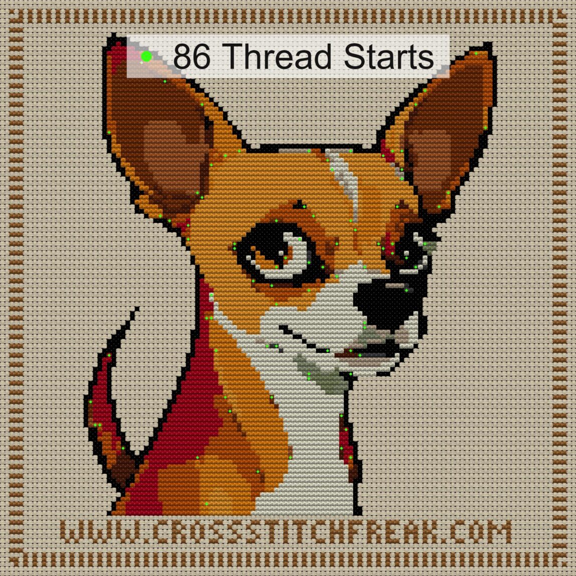 chihuahua cross stitch start point map with highlighted thread start positions in the full design