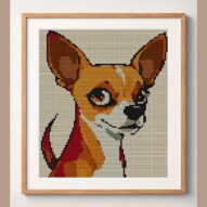 chihuahua framed cross stitch mockup, realistic finished embroidery design, PDF pattern digital download