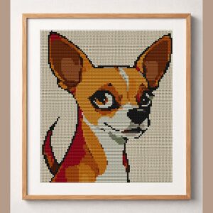 chihuahua framed cross stitch mockup, realistic finished embroidery design, PDF pattern digital download