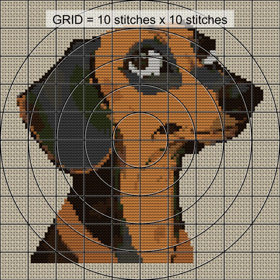 dachshund close-up cross stitch detail showing color changes, confetti areas and stitch texture