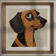 dachshund alternative framed cross stitch mockup, realistic finished embroidery presentation