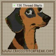 dachshund cross stitch start point map with highlighted thread start positions in the full design