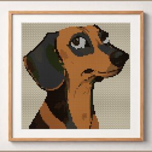 dachshund framed cross stitch mockup, realistic finished embroidery design, PDF pattern digital download