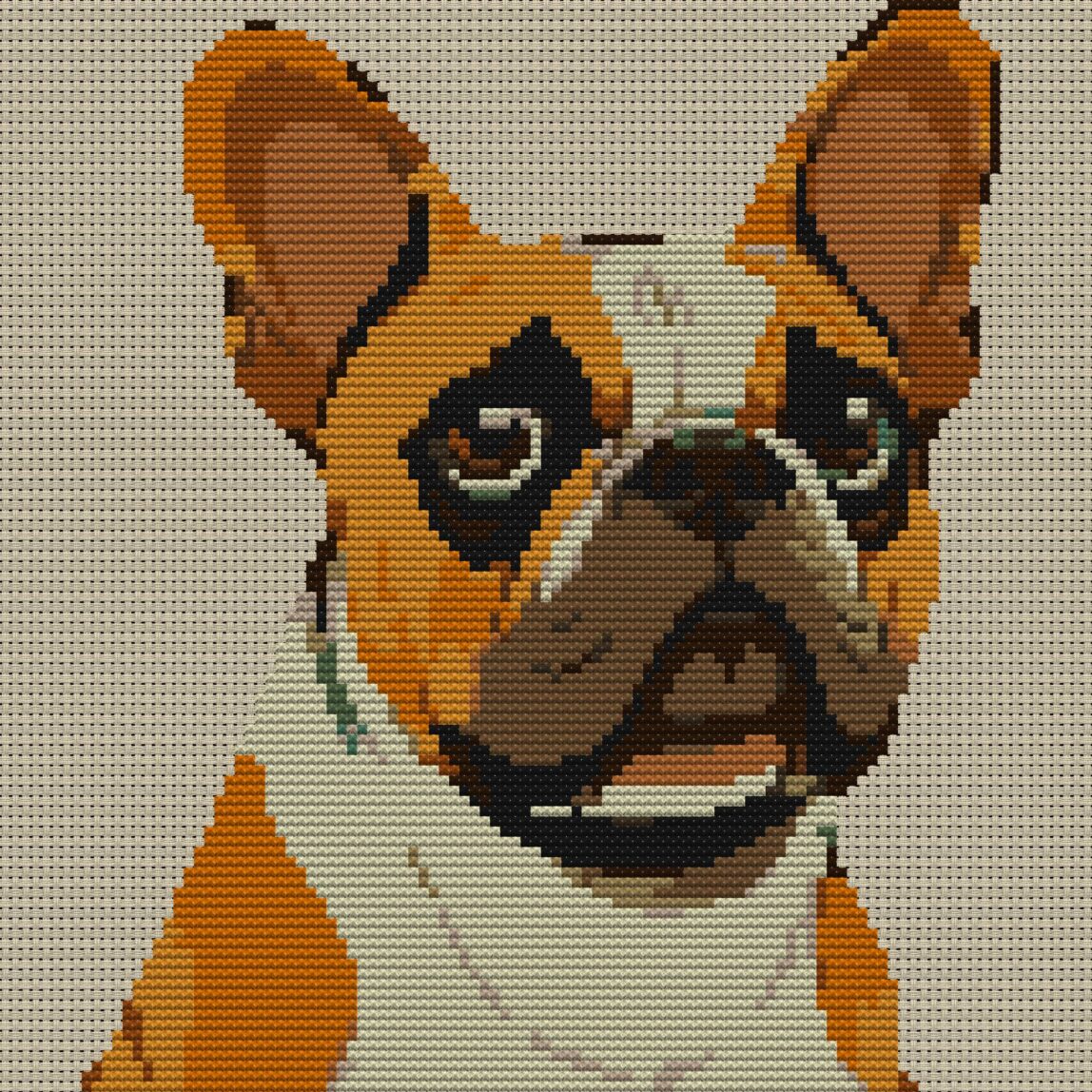 french-bulldog full cross stitch design mockup without frame, realistic embroidery preview