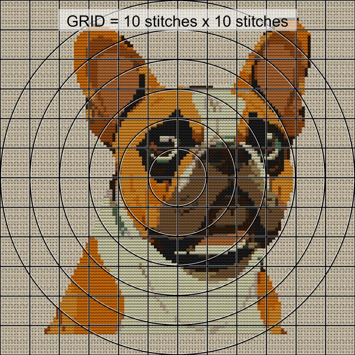 french-bulldog close-up cross stitch detail showing color changes, confetti areas and stitch texture