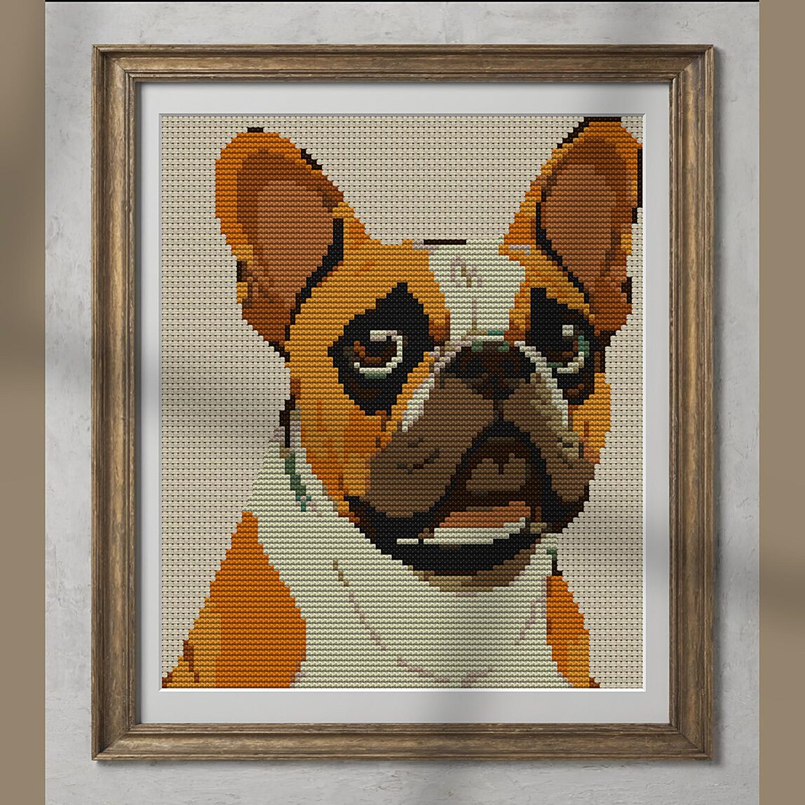 french-bulldog alternative framed cross stitch mockup, realistic finished embroidery presentation
