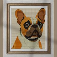 french-bulldog alternative framed cross stitch mockup, realistic finished embroidery presentation