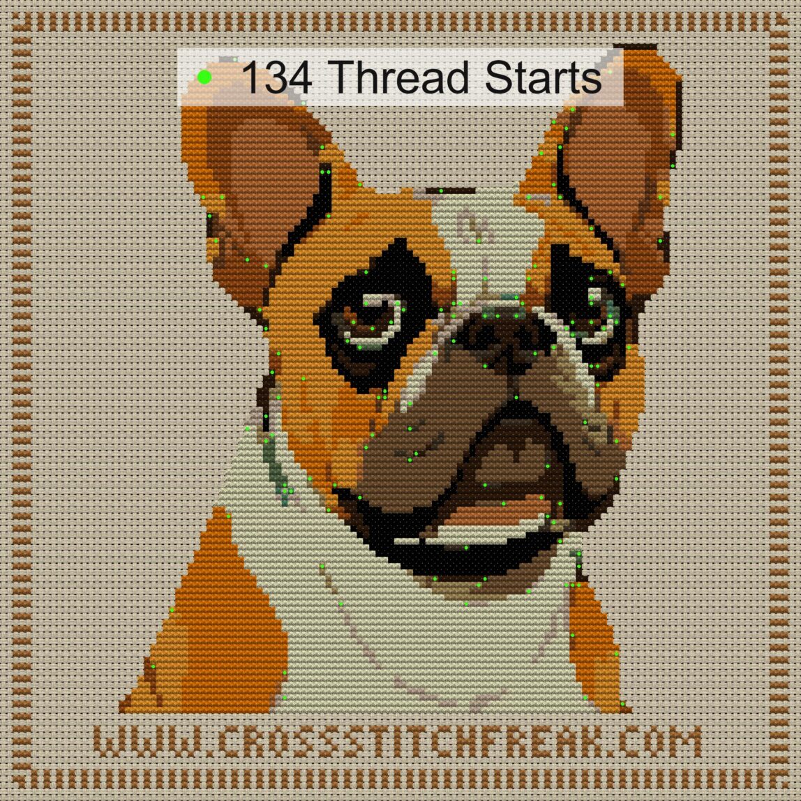 french-bulldog cross stitch start point map with highlighted thread start positions in the full design