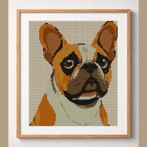 french-bulldog framed cross stitch mockup, realistic finished embroidery design, PDF pattern digital download