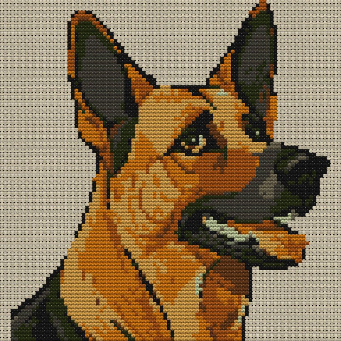 german-shepherd full cross stitch design mockup without frame, realistic embroidery preview