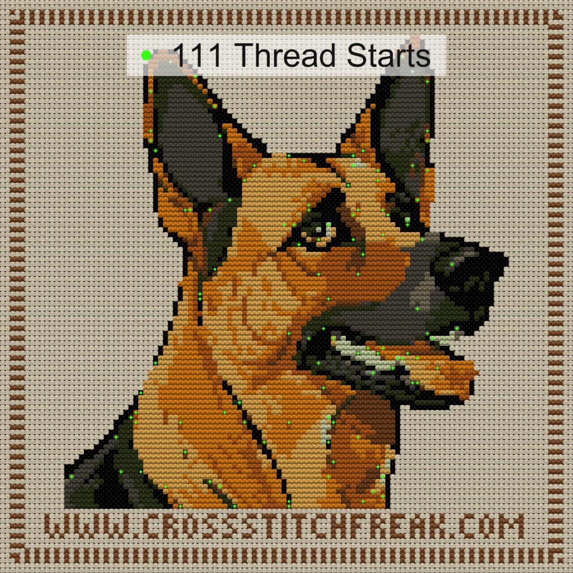 german-shepherd cross stitch start point map with highlighted thread start positions in the full design