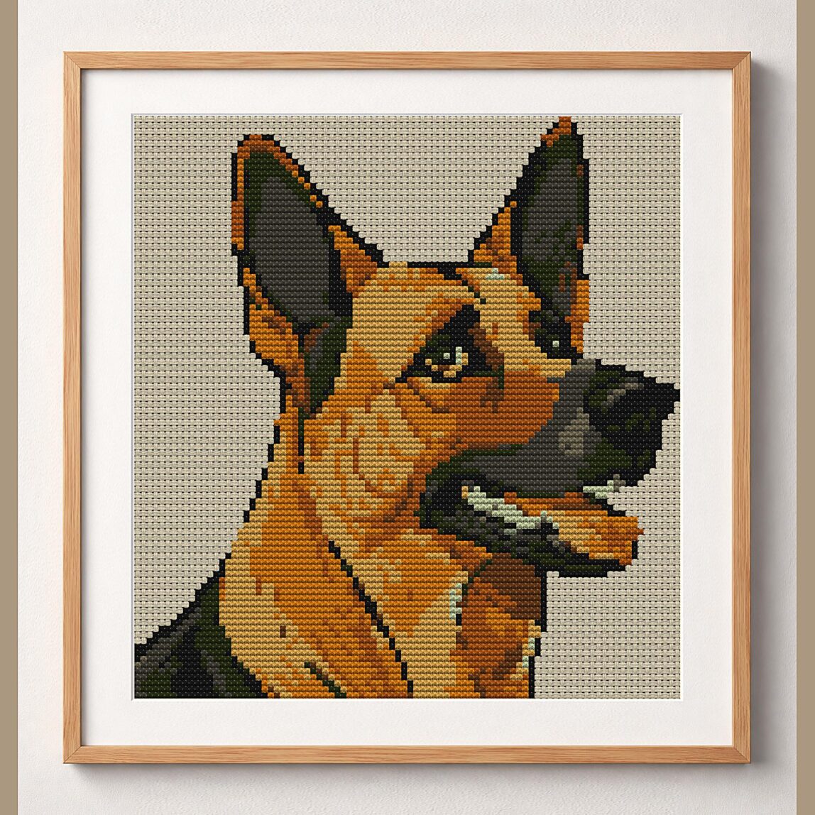 german-shepherd framed cross stitch mockup, realistic finished embroidery design, PDF pattern digital download