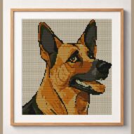 german-shepherd framed cross stitch mockup, realistic finished embroidery design, PDF pattern digital download