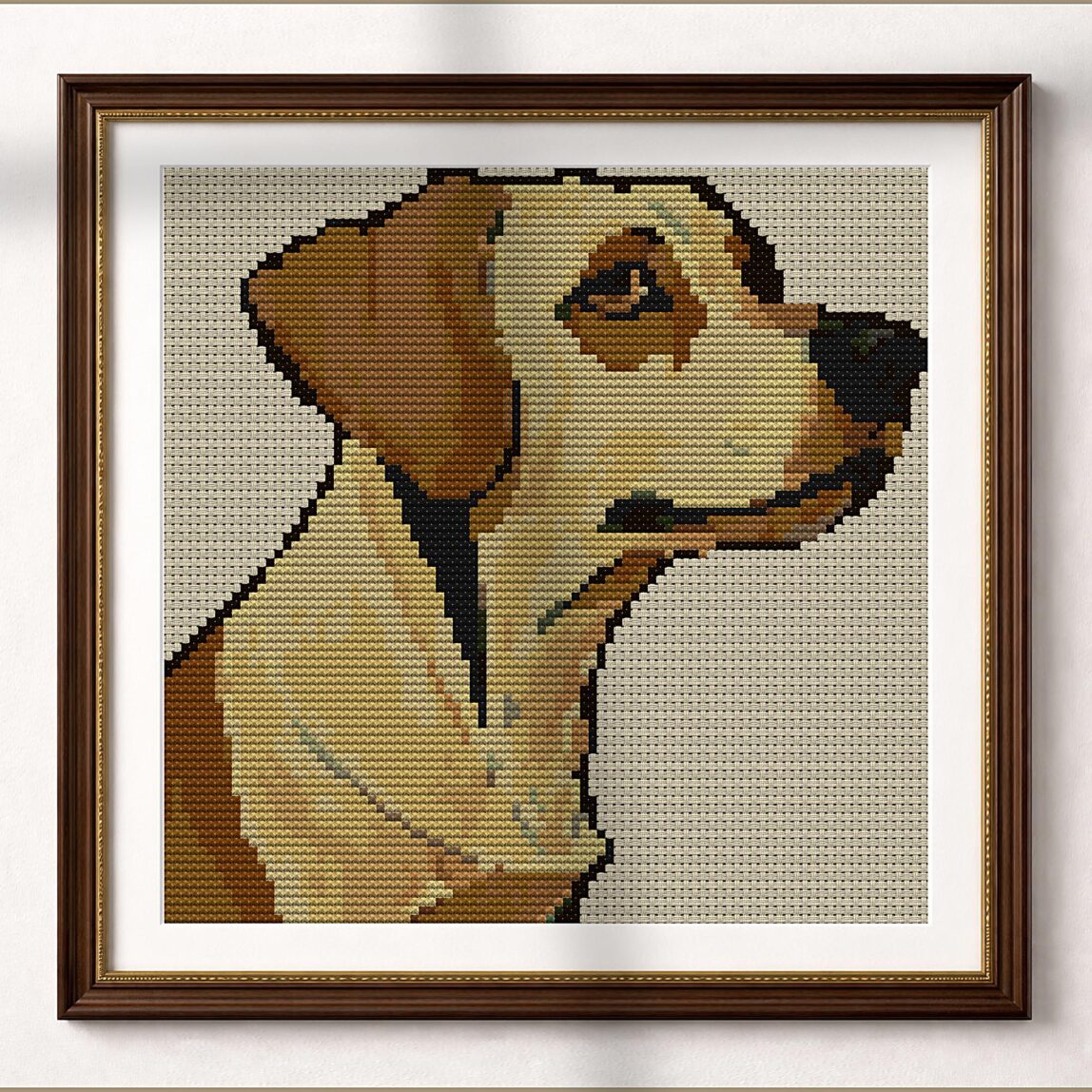 golden-redriver alternative framed cross stitch mockup, realistic finished embroidery presentation