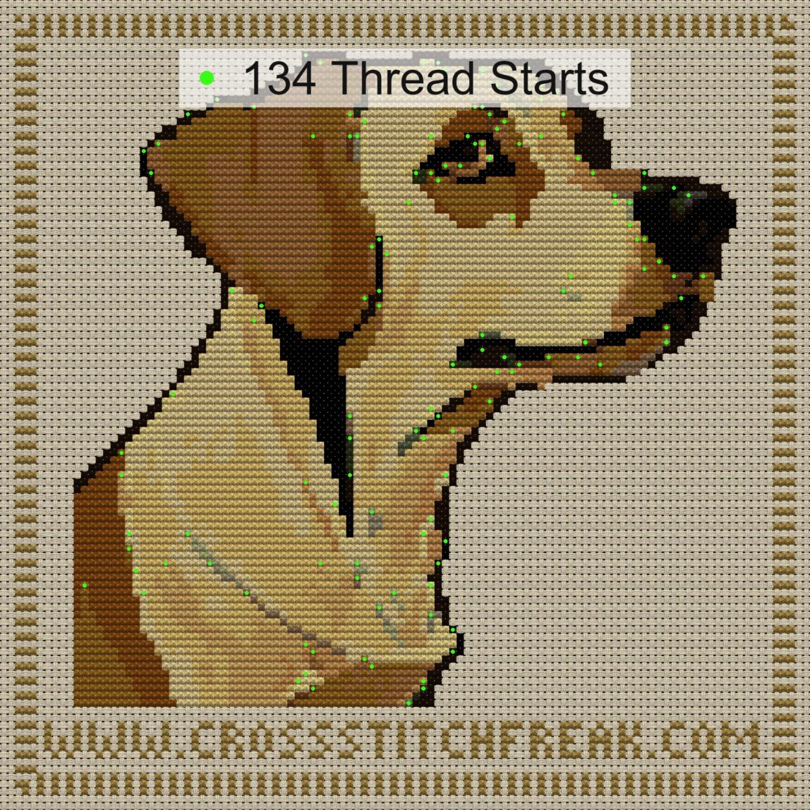 golden-redriver cross stitch start point map with highlighted thread start positions in the full design