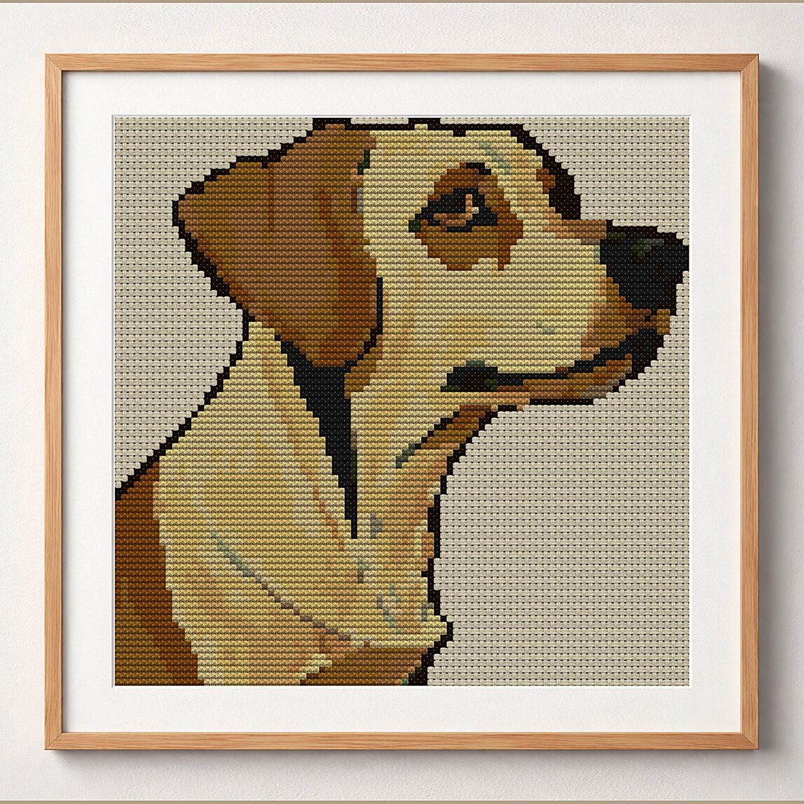 golden-redriver framed cross stitch mockup, realistic finished embroidery design, PDF pattern digital download