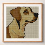 golden-redriver framed cross stitch mockup, realistic finished embroidery design, PDF pattern digital download