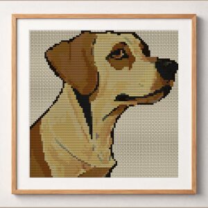 golden-redriver framed cross stitch mockup, realistic finished embroidery design, PDF pattern digital download
