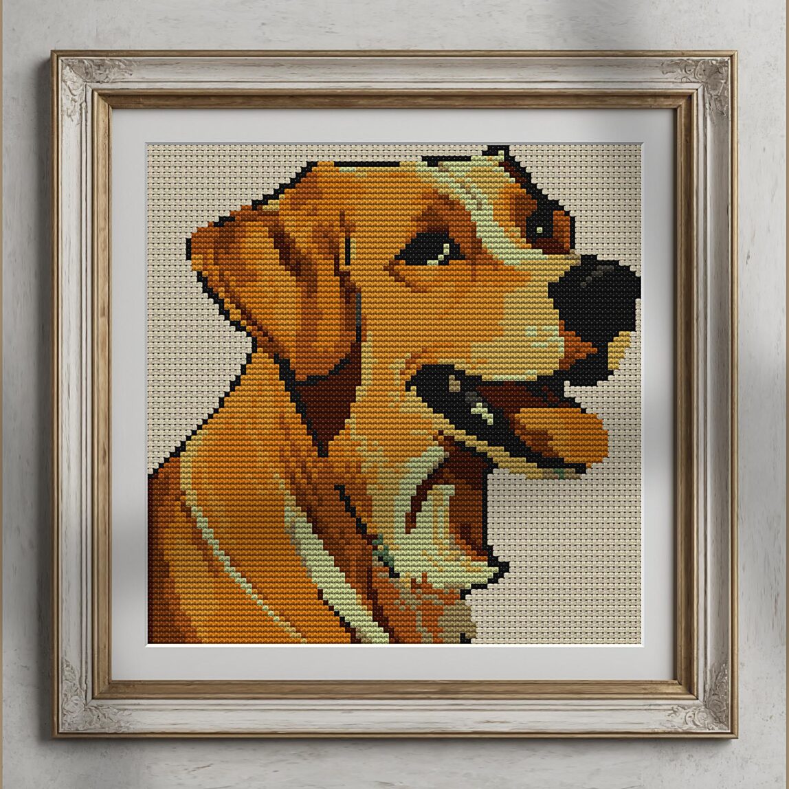 labrador-redriver alternative framed cross stitch mockup, realistic finished embroidery presentation