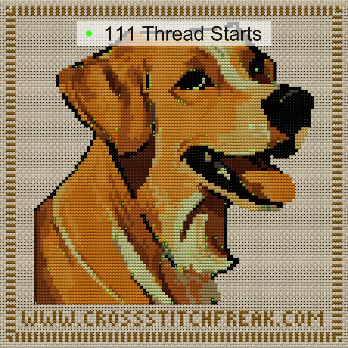 labrador-redriver cross stitch start point map with highlighted thread start positions in the full design