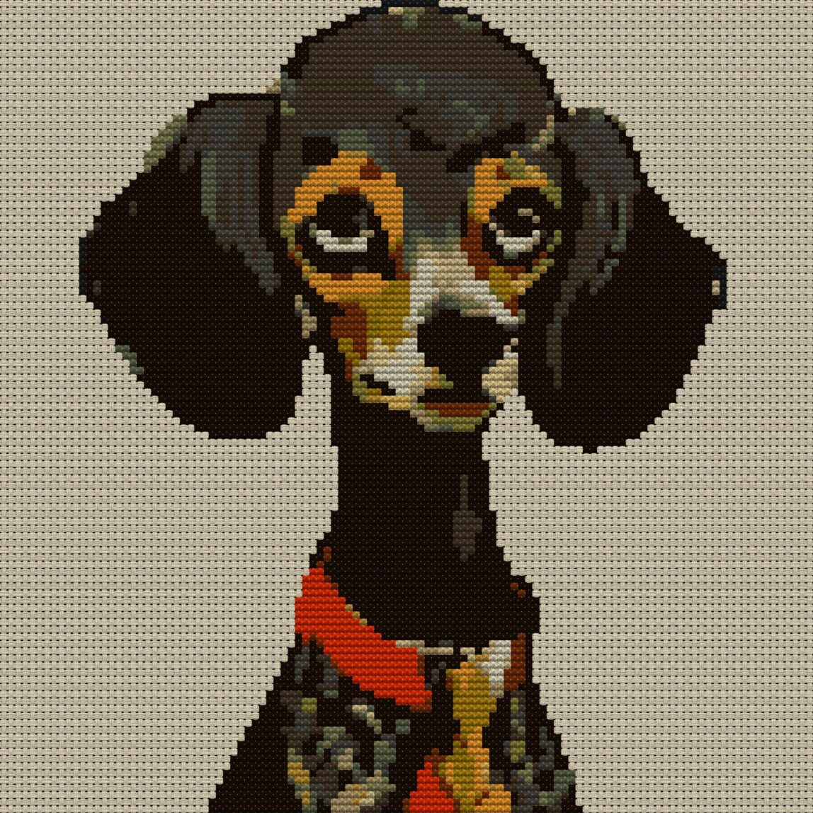 poodle-black full cross stitch design mockup without frame, realistic embroidery preview