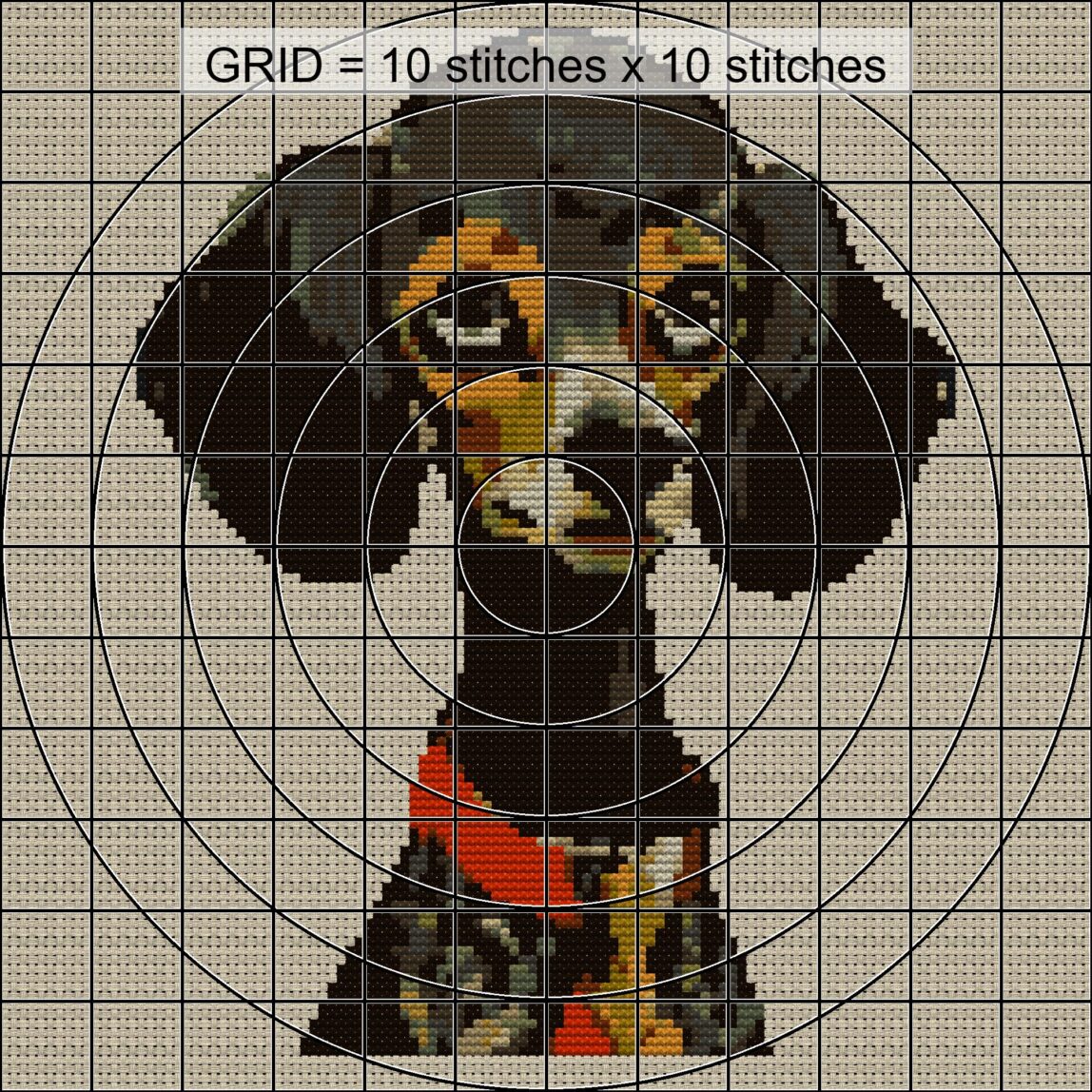 poodle-black close-up cross stitch detail showing color changes, confetti areas and stitch texture