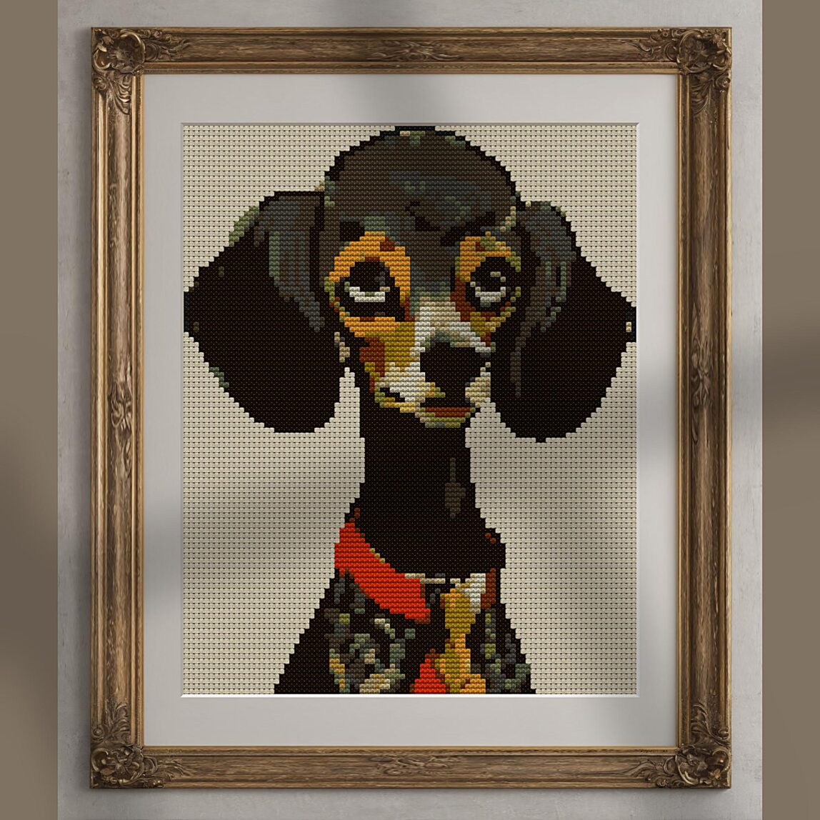 poodle-black alternative framed cross stitch mockup, realistic finished embroidery presentation