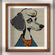 poodle-lady alternative framed cross stitch mockup, realistic finished embroidery presentation