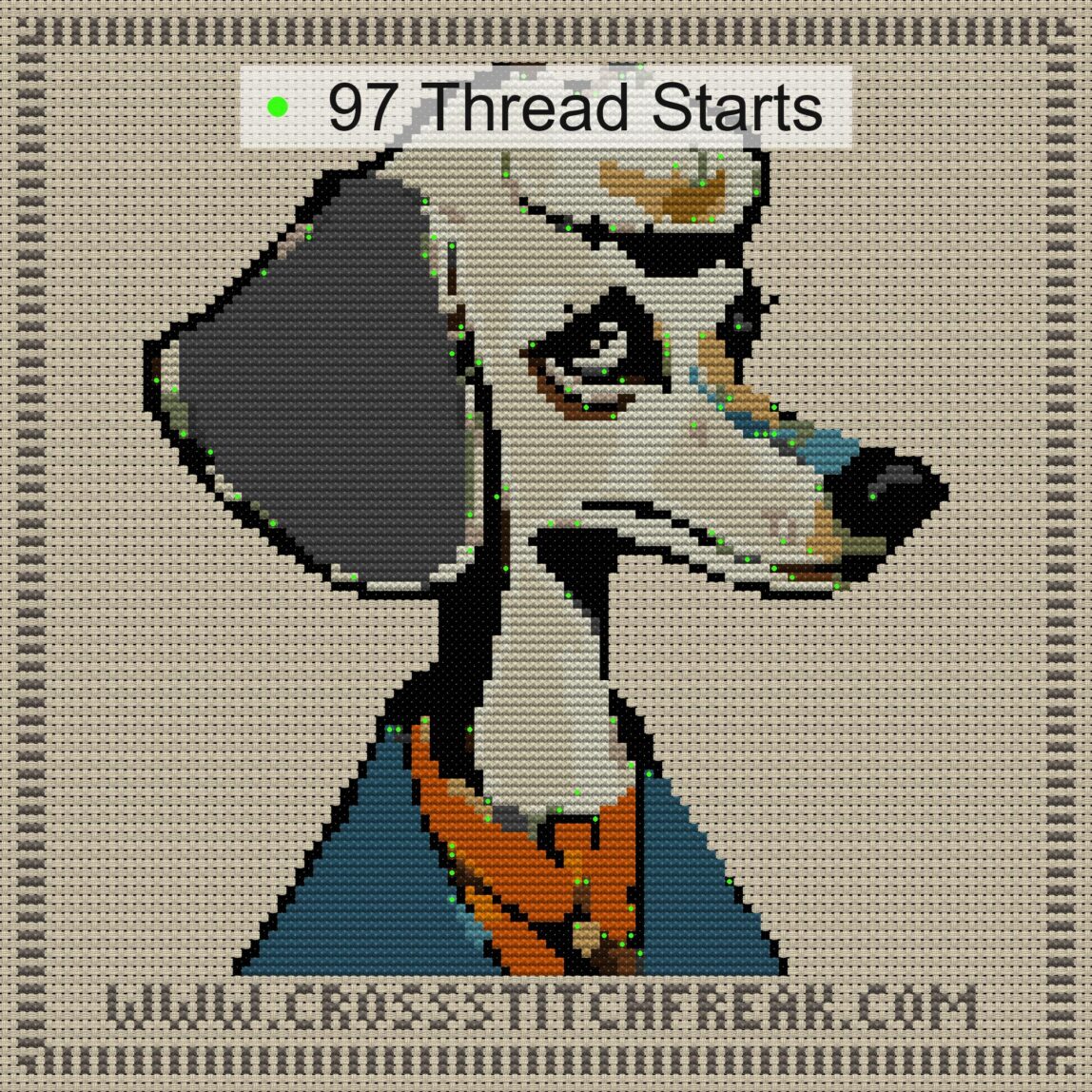 poodle-lady cross stitch start point map with highlighted thread start positions in the full design