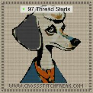 poodle-lady cross stitch start point map with highlighted thread start positions in the full design