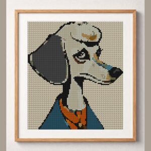 poodle-lady framed cross stitch mockup, realistic finished embroidery design, PDF pattern digital download