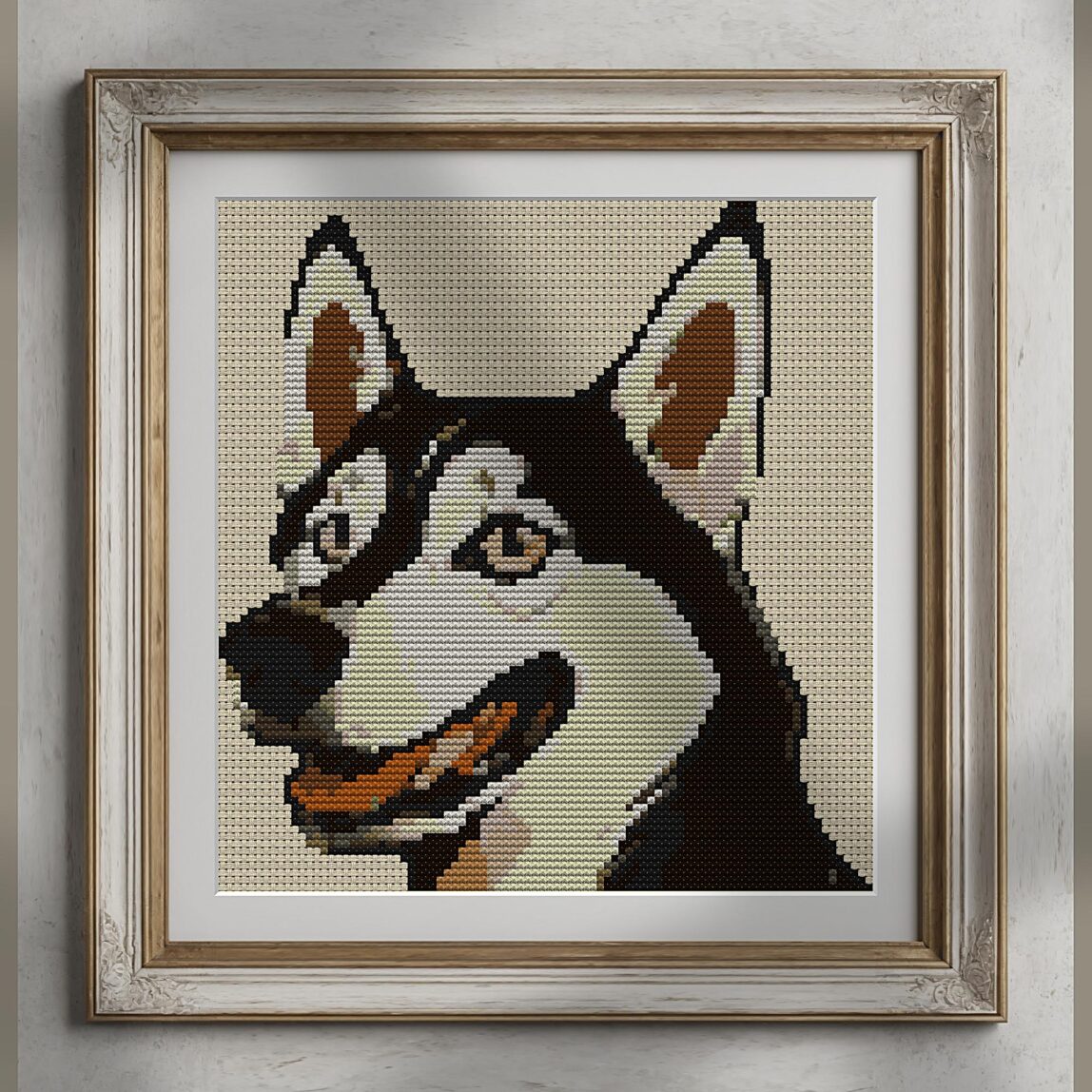 siberian-husky alternative framed mockup siberian-husky alternative framed cross stitch mockup, realistic finished embroidery presentation
