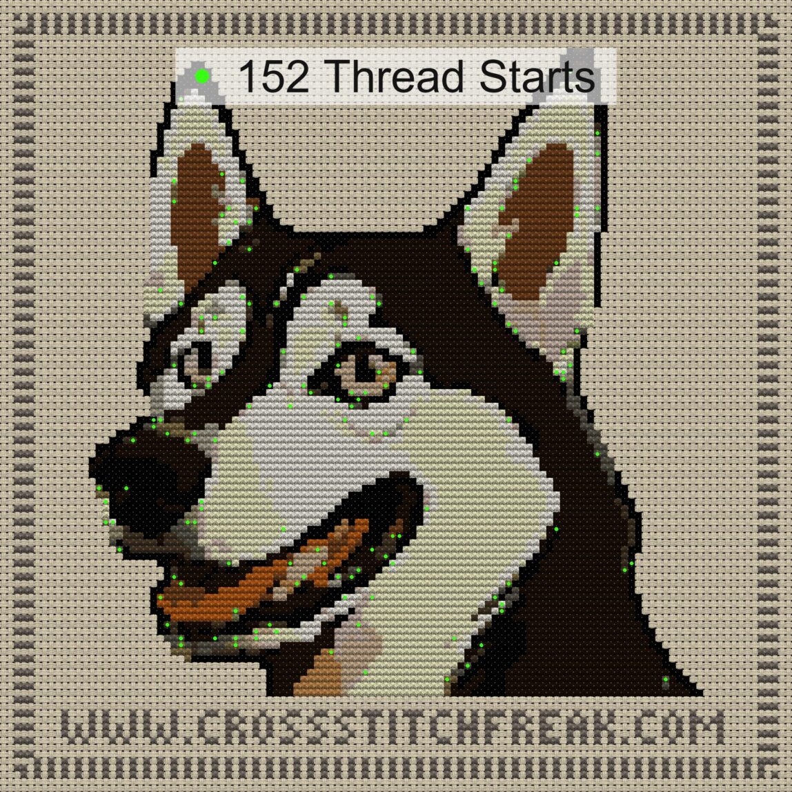 siberian-husky thread start point map siberian-husky cross stitch start point map with highlighted thread start positions in the full design
