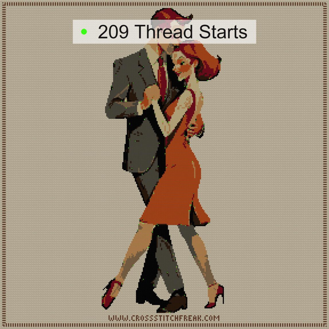 tango-dance-couple-1 thread start point map tango-dance-couple-1 cross stitch start point map with highlighted thread start positions in the full design