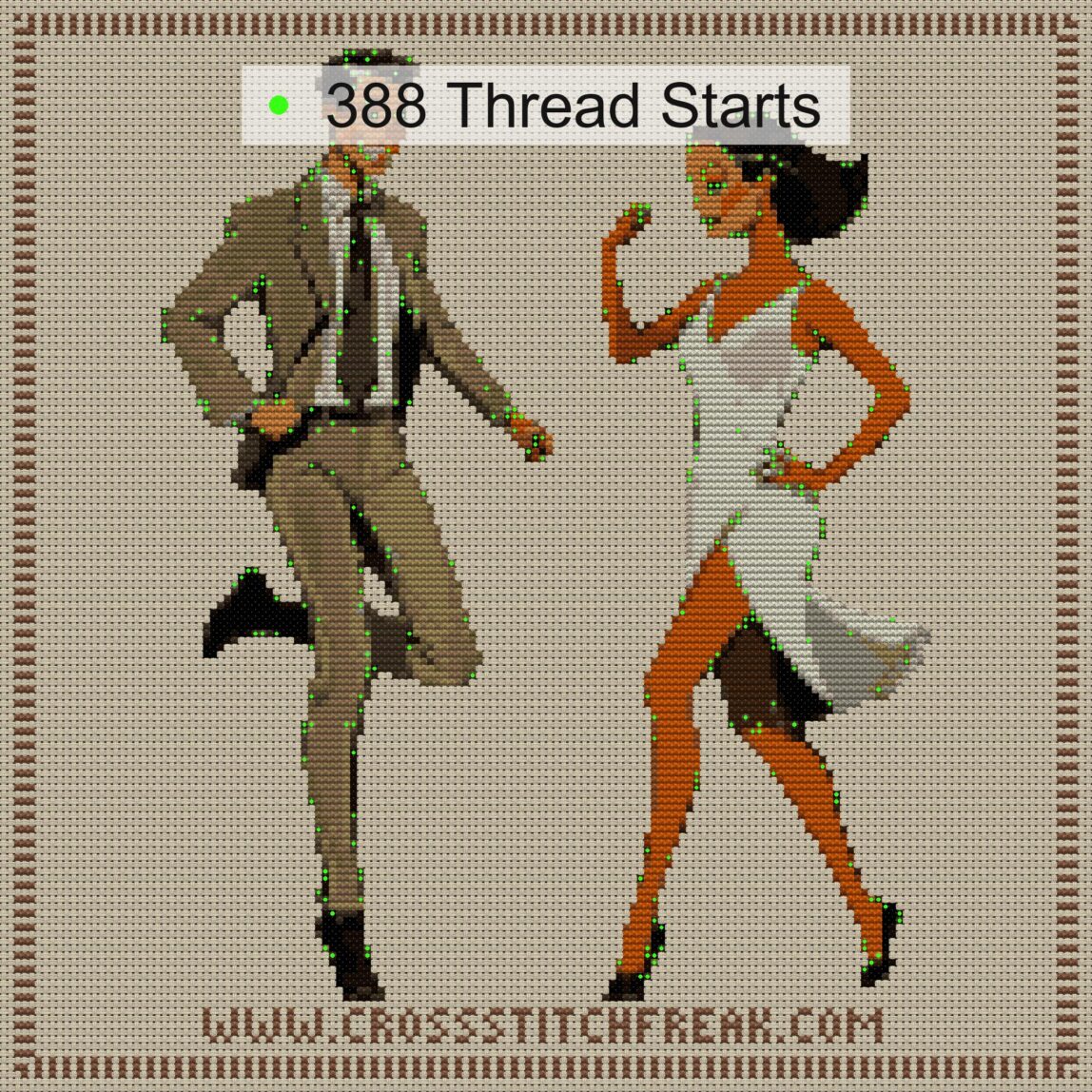 tango-dance-couple-2 cross stitch start point map with highlighted thread start positions in the full design
