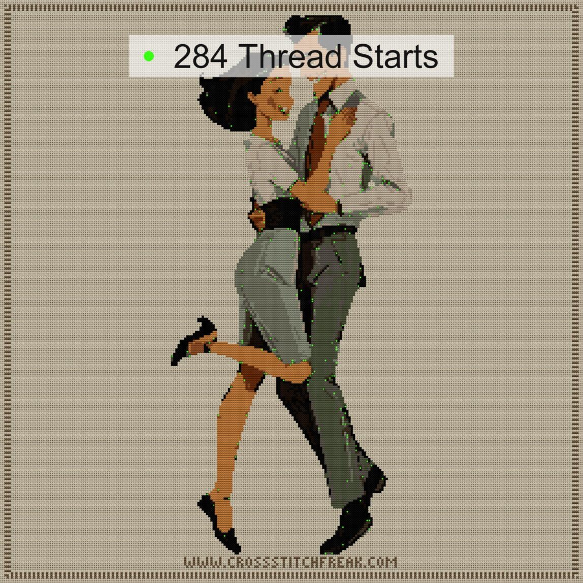 tango-dance-couple-3 cross stitch start point map with highlighted thread start positions in the full design