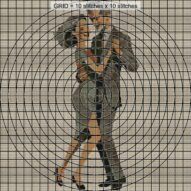 tango-dance-couple-4 close-up cross stitch detail showing color changes, confetti areas and stitch texture