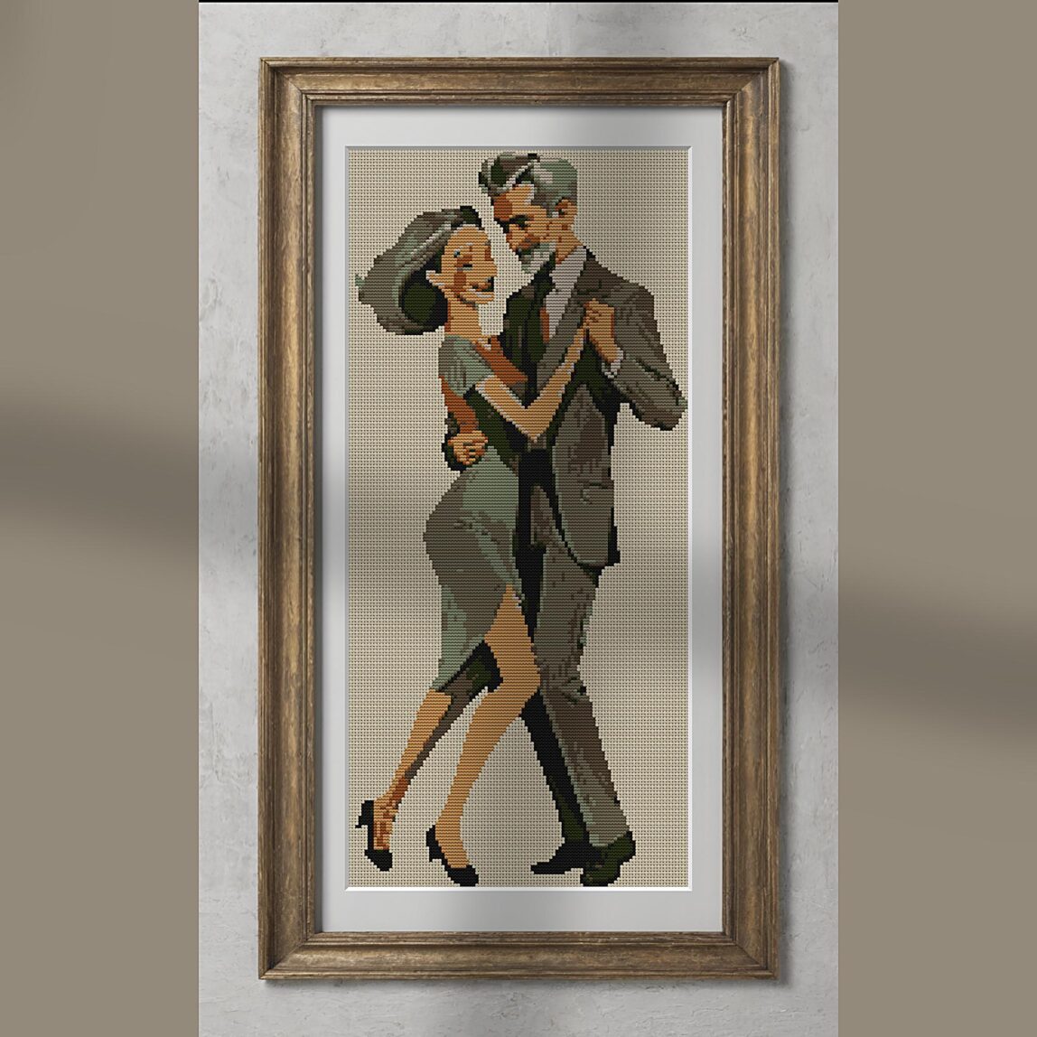 tango-dance-couple-4 alternative framed cross stitch mockup, realistic finished embroidery presentation