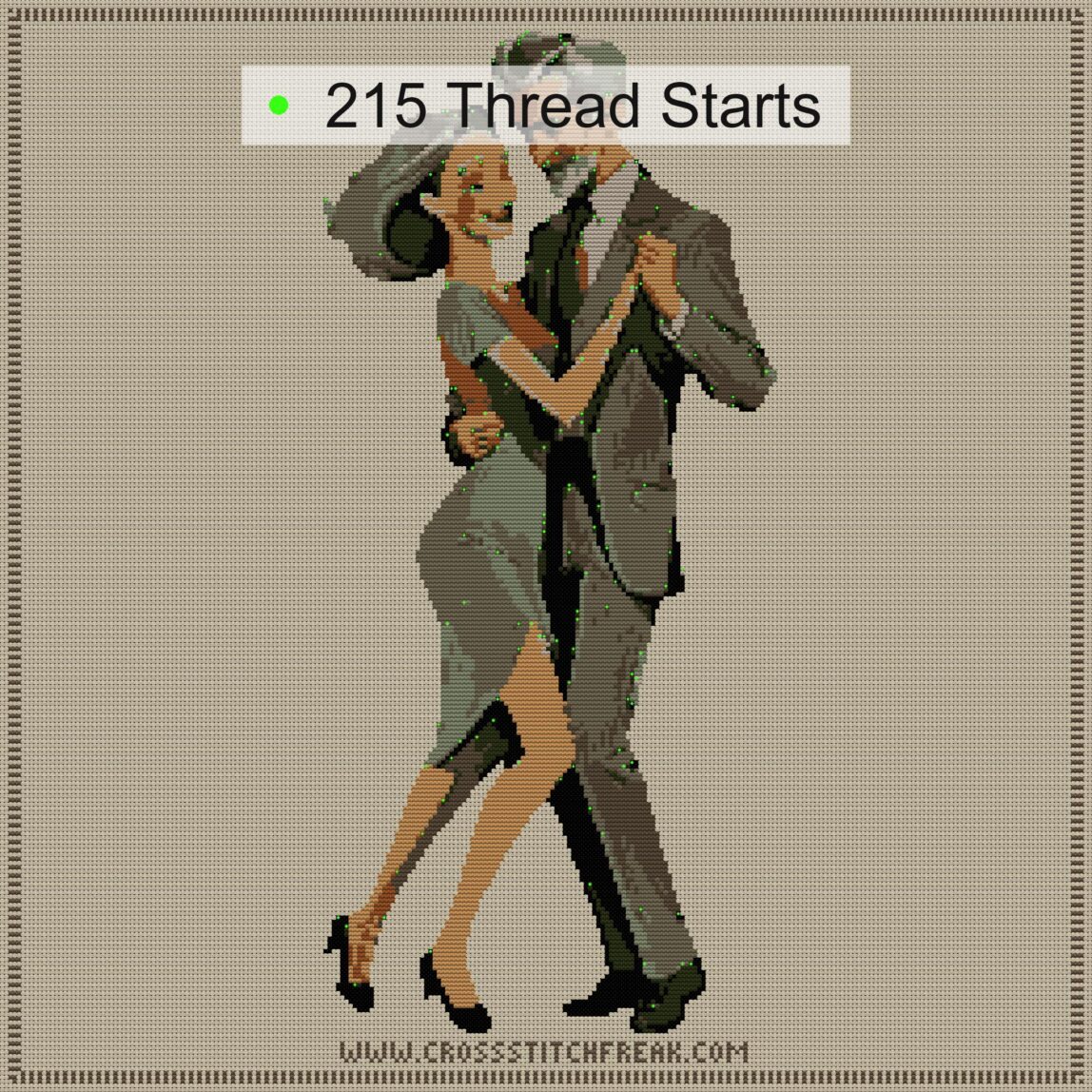 tango-dance-couple-4 cross stitch start point map with highlighted thread start positions in the full design