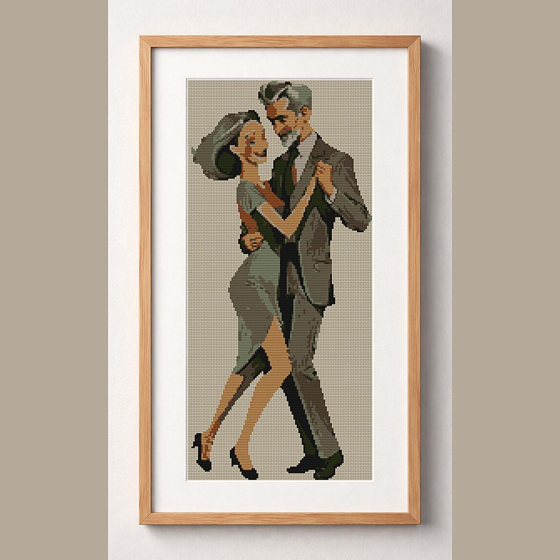 tango-dance-couple-4 framed cross stitch mockup, realistic finished embroidery design, PDF pattern digital download