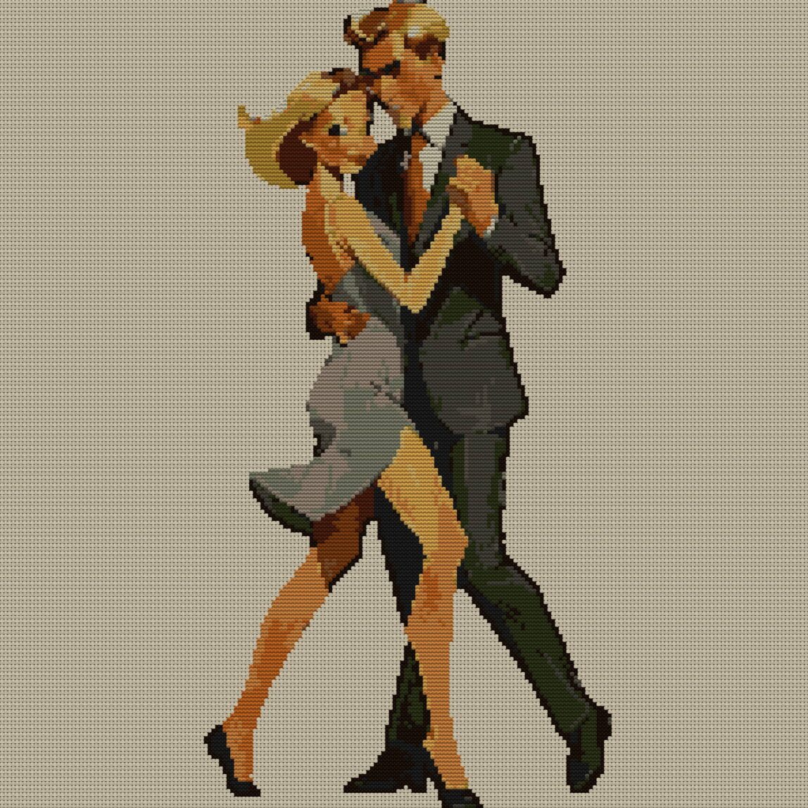tango-dance-couple-6 full cross stitch design mockup without frame, realistic embroidery preview