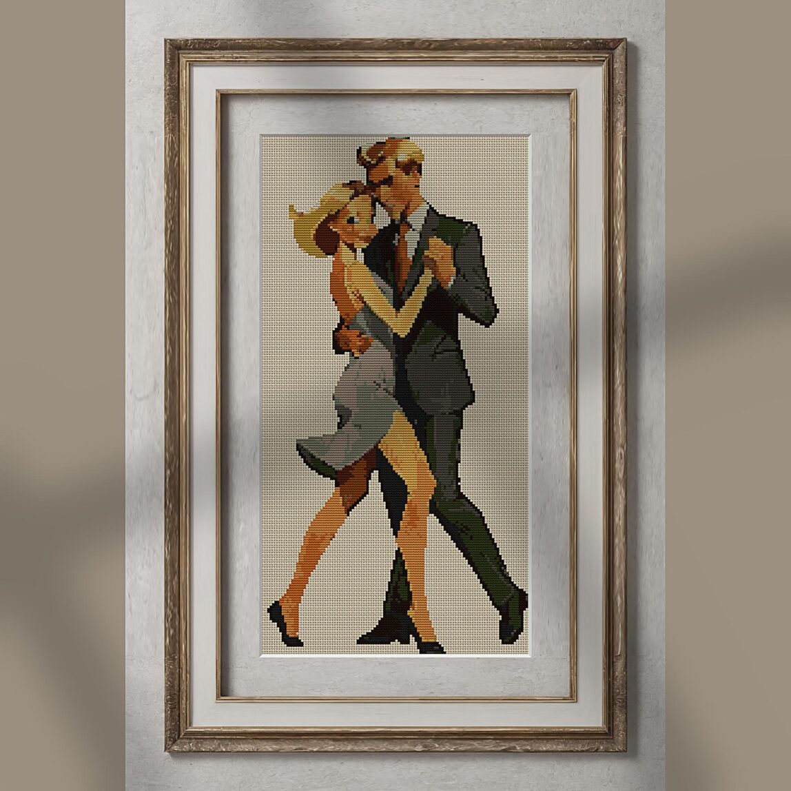 tango-dance-couple-6 alternative framed cross stitch mockup, realistic finished embroidery presentation