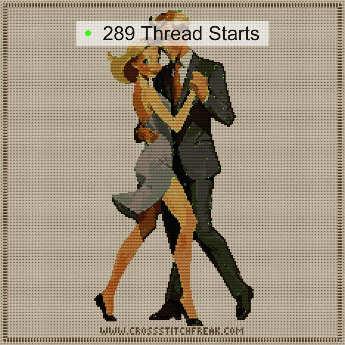 tango-dance-couple-6 cross stitch start point map with highlighted thread start positions in the full design