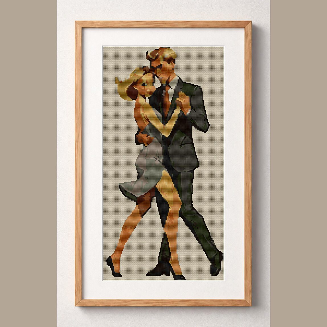 tango-dance-couple-6 framed cross stitch mockup, realistic finished embroidery design, PDF pattern digital download