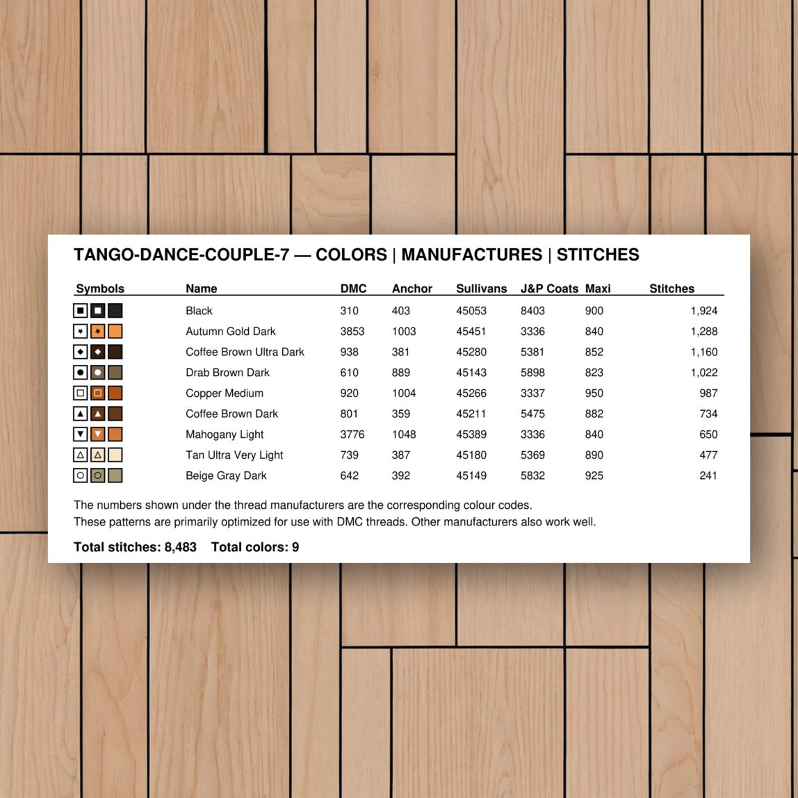 tango-dance-couple-7 floss color chart tango-dance-couple-7 thread color chart with DMC, Anchor, Sullivans, J&P Coats and Maxi color references