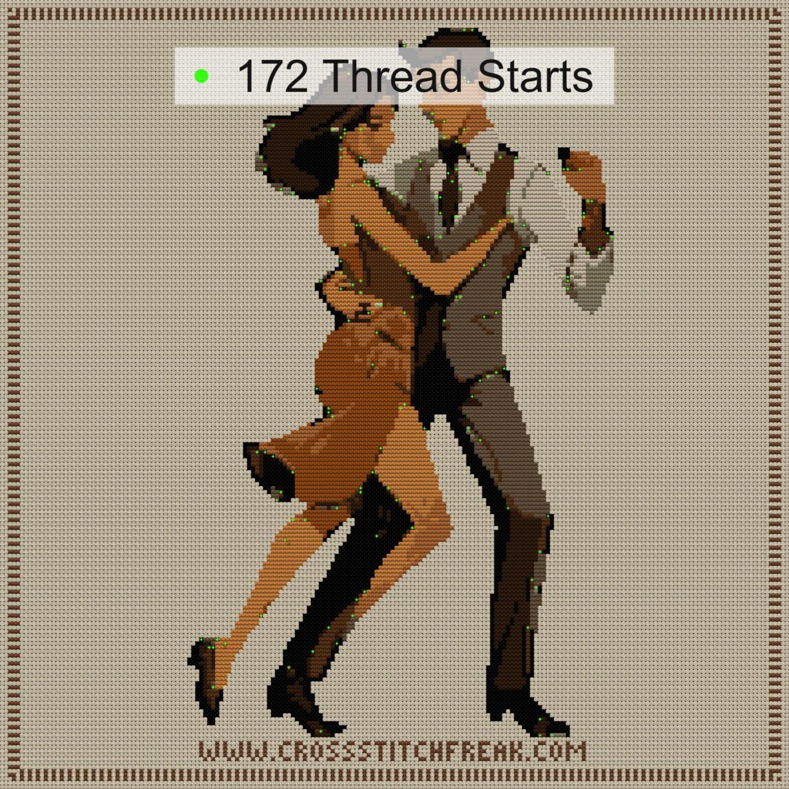 tango-dance-couple-7 thread start point map tango-dance-couple-7 cross stitch start point map with highlighted thread start positions in the full design