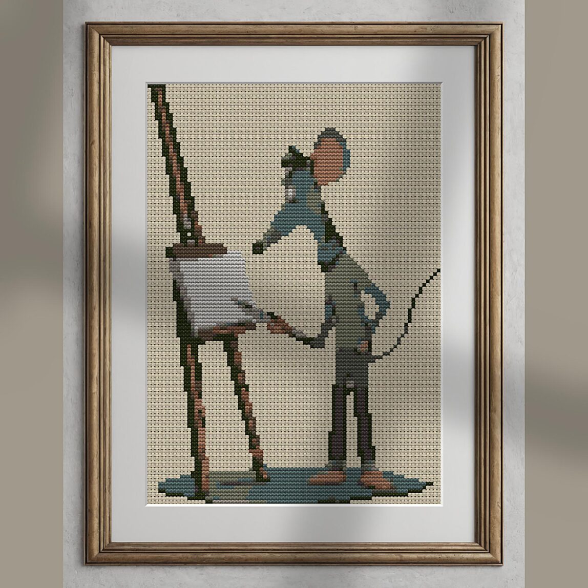artist_mouse alternative framed cross stitch mockup, realistic finished embroidery presentation