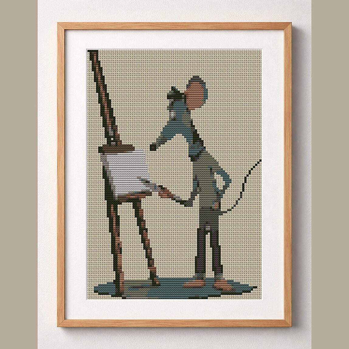 artist_mouse framed cross stitch mockup, realistic finished embroidery design, PDF pattern digital download