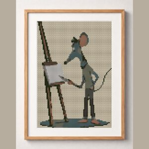 artist_mouse framed cross stitch mockup, realistic finished embroidery design, PDF pattern digital download