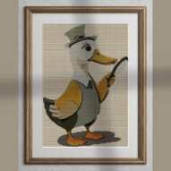 detective-duck-detectiv alternative framed cross stitch mockup, realistic finished embroidery presentation